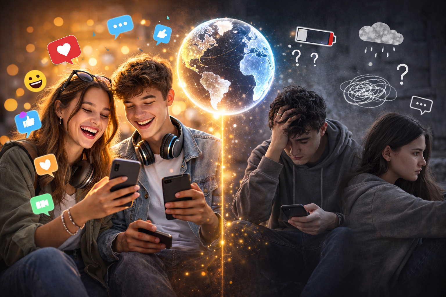 Jugendliche am Handy - fröhlich und deprimiert