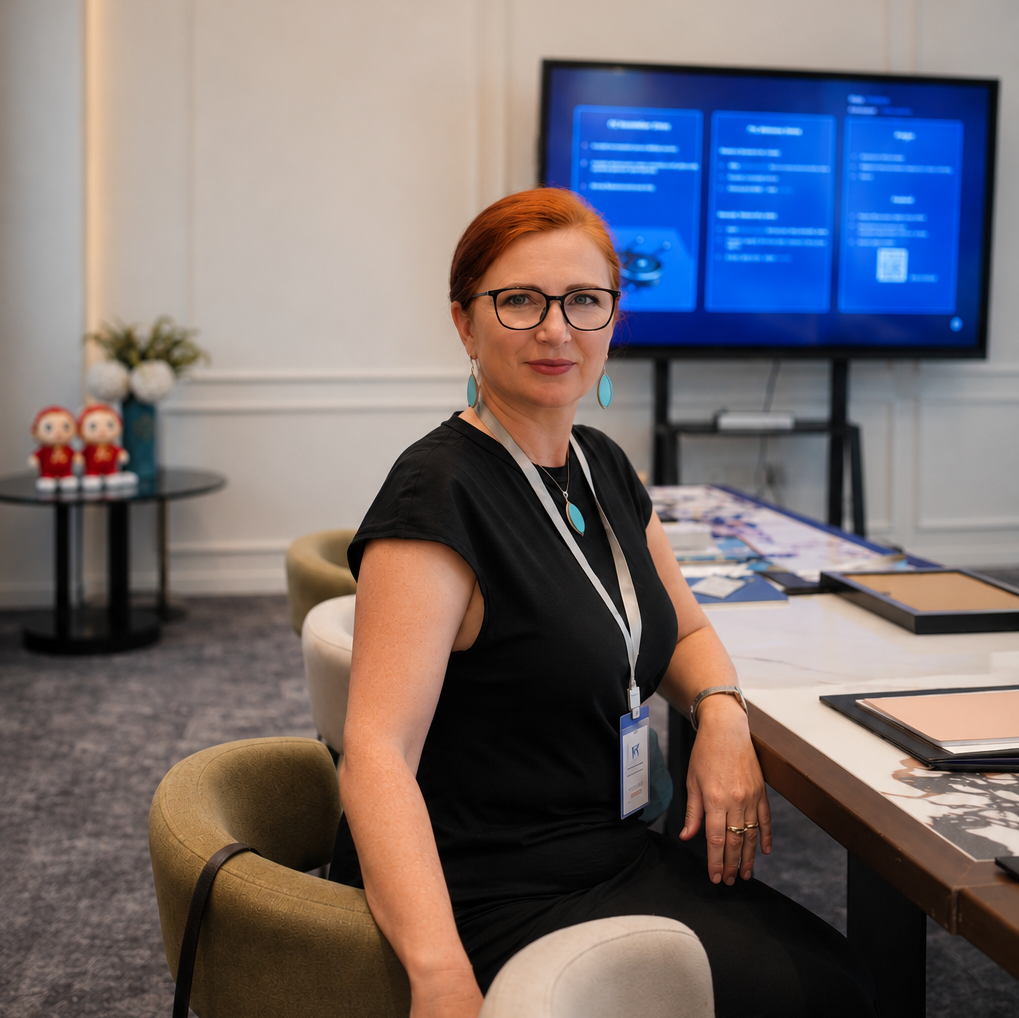 Anastasia sitzt an einem Schreibtisch